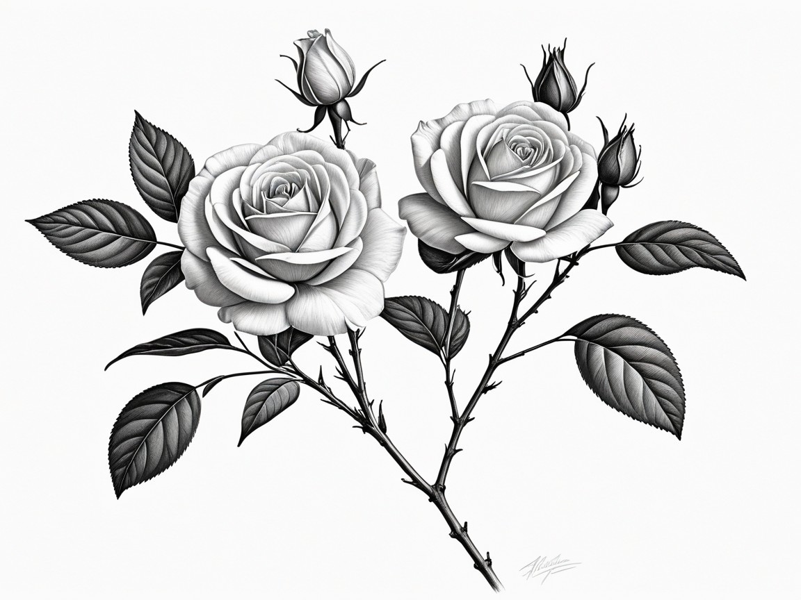 Black and white illustration of two blooming roses