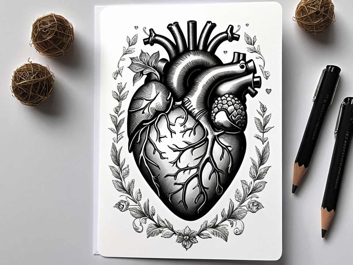Decorative Card with Anatomical Heart and Floral Design