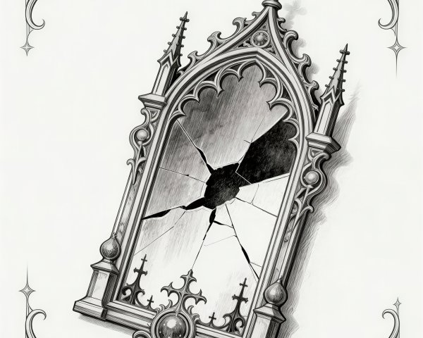 Gothic line art playing card with cracked mirror design