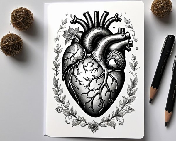 Decorative Card with Anatomical Heart and Floral Design