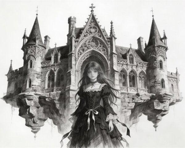 Grayscale Sketch of Gothic Woman and Castle Scene
