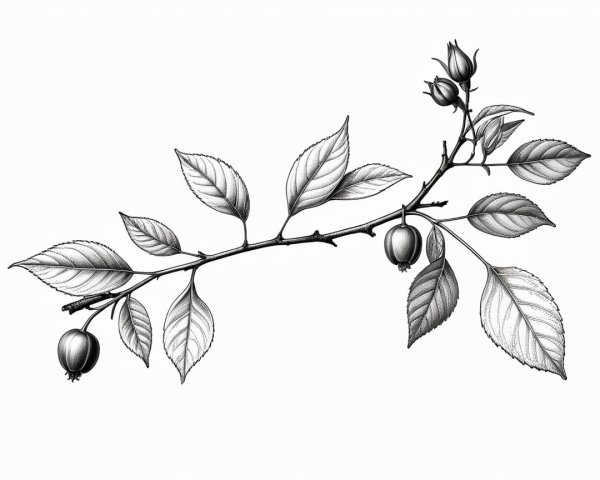 Black and white botanical illustration of a plant branch