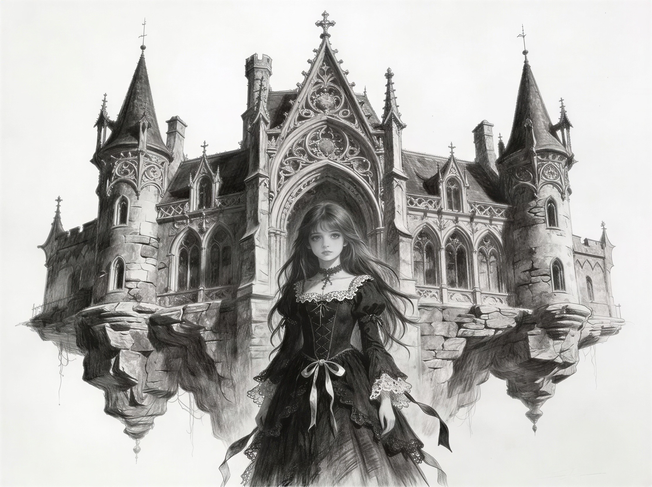 Grayscale Sketch of Gothic Woman and Castle Scene