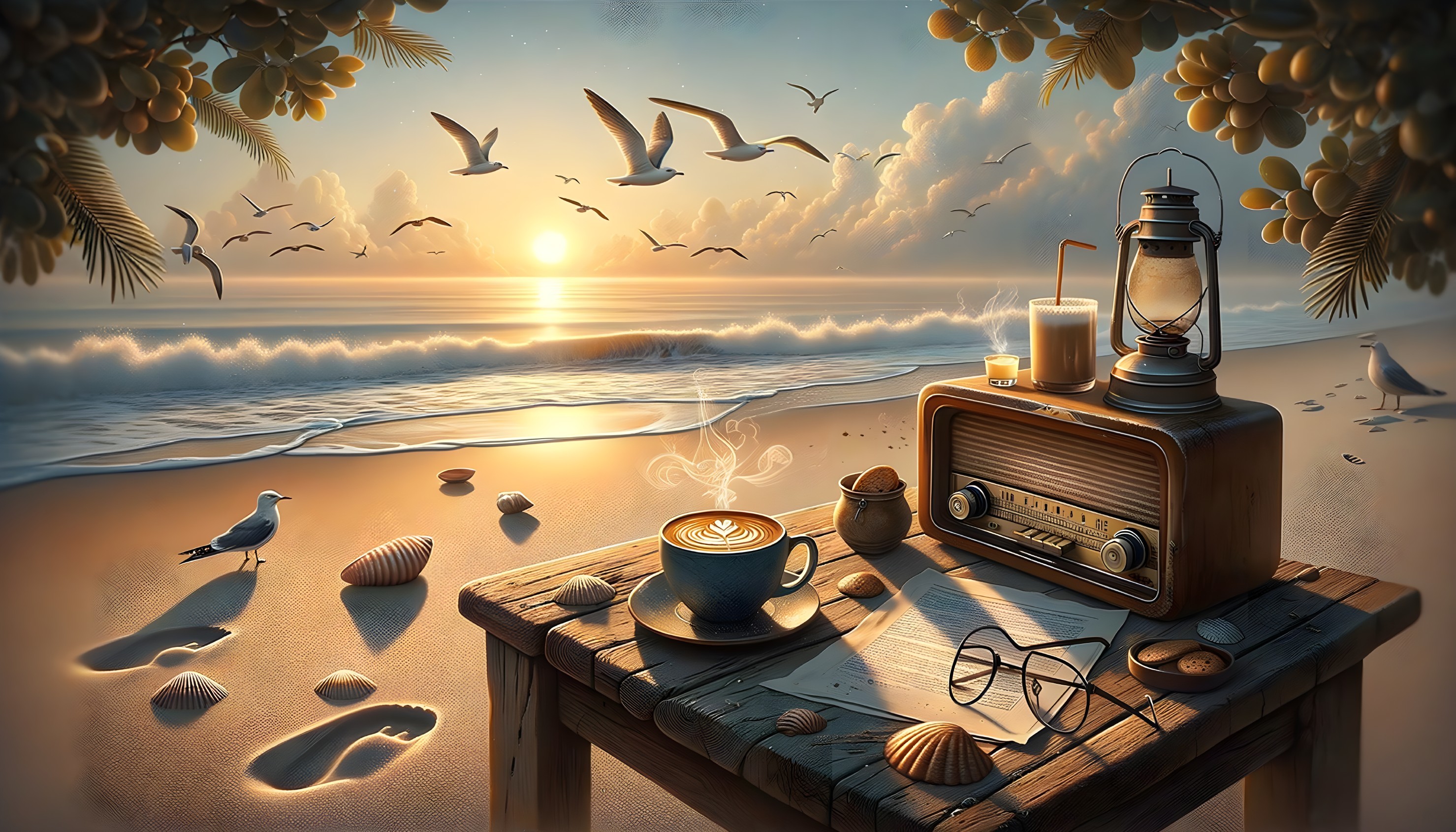 Beach Sunrise Scene with Coffee and Vintage Radio