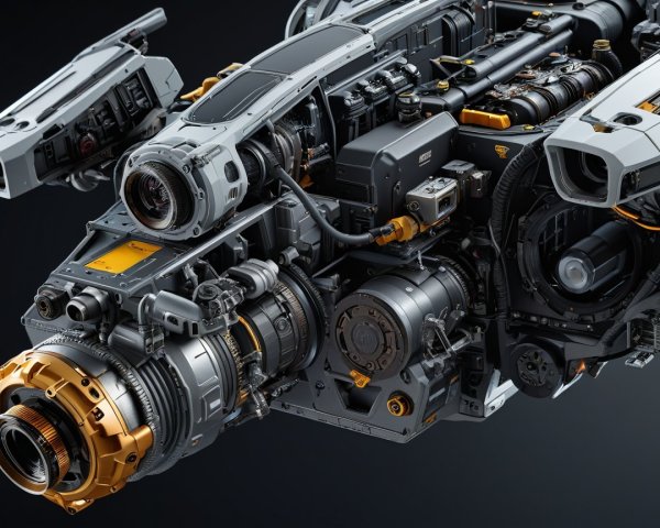 Futuristic Engine Design with Metallic Components and Accents