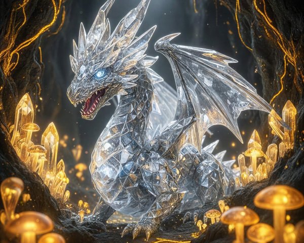 Ice Crystal Dragon in a Dark Cave with Golden Glow