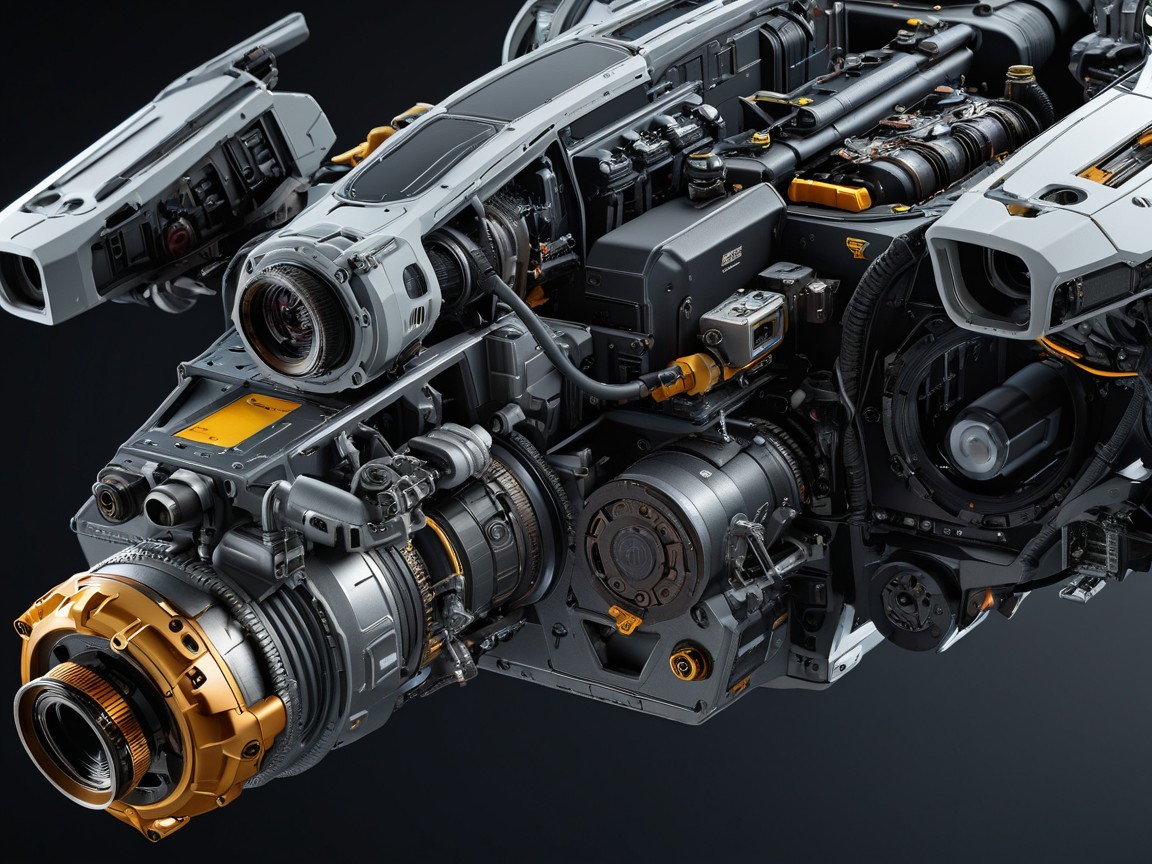 Futuristic Engine Design with Metallic Components and Accents