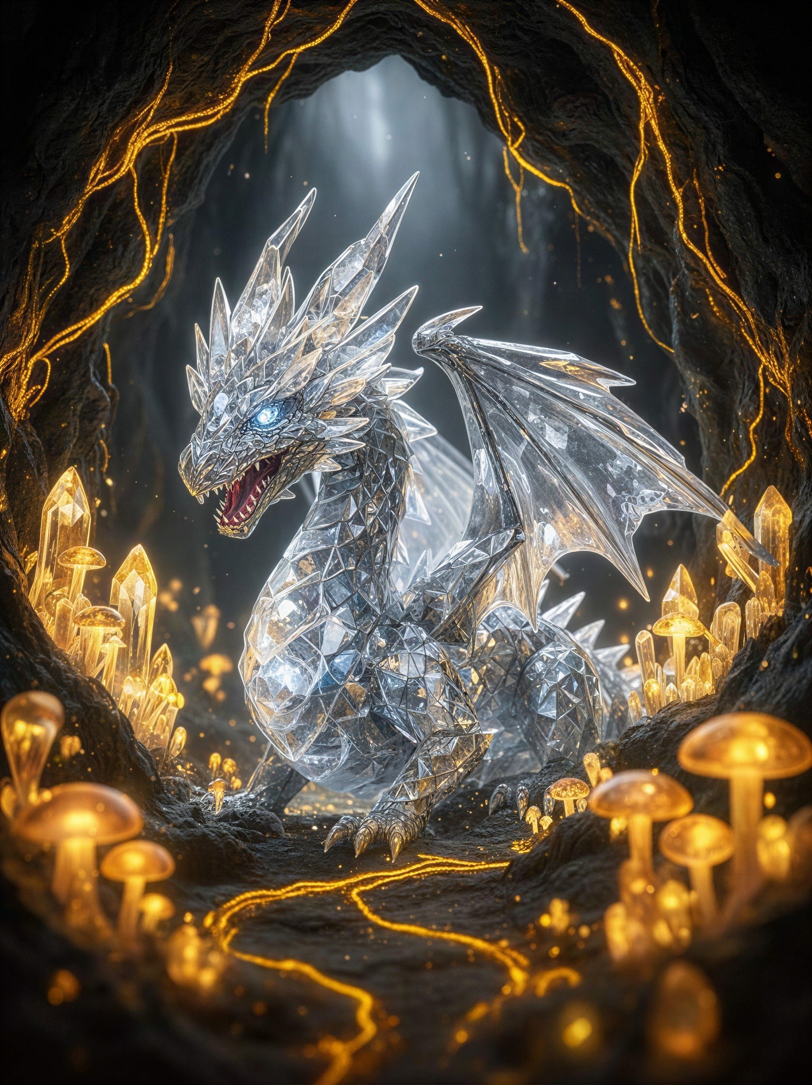 Ice Crystal Dragon in a Dark Cave with Golden Glow