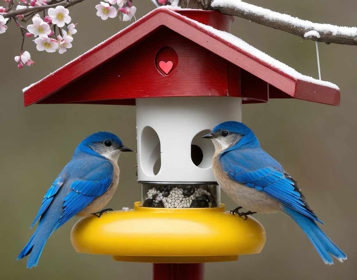 Bluebirds on Cherry Blossom Bird Feeder with Heart Motif