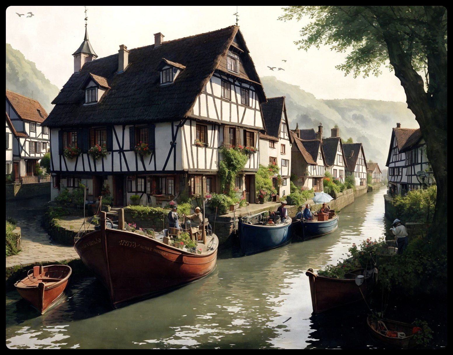 Tranquil canal scene with half-timbered houses and villagers in historic European village