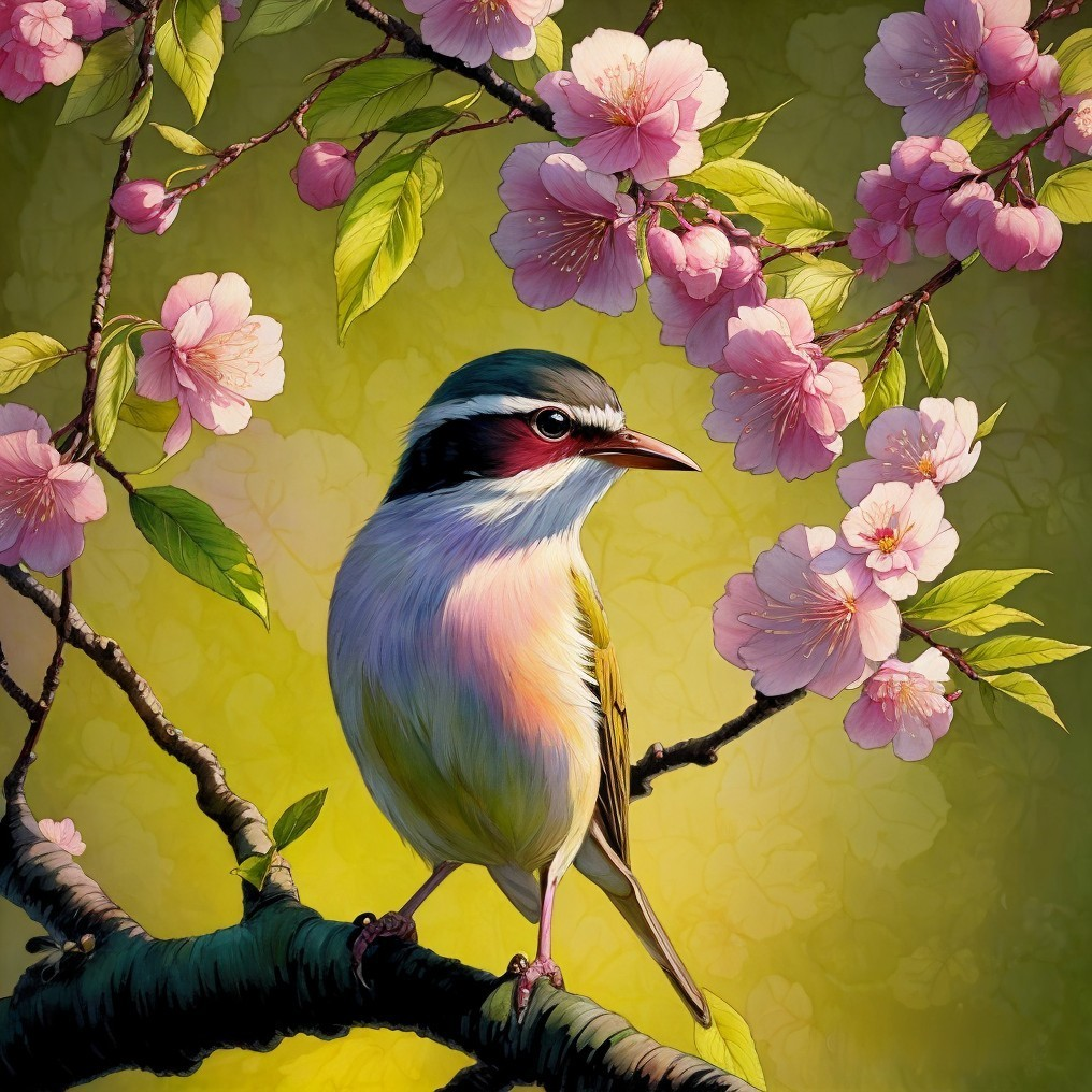 Colorful Bird on Branch with Cherry Blossoms