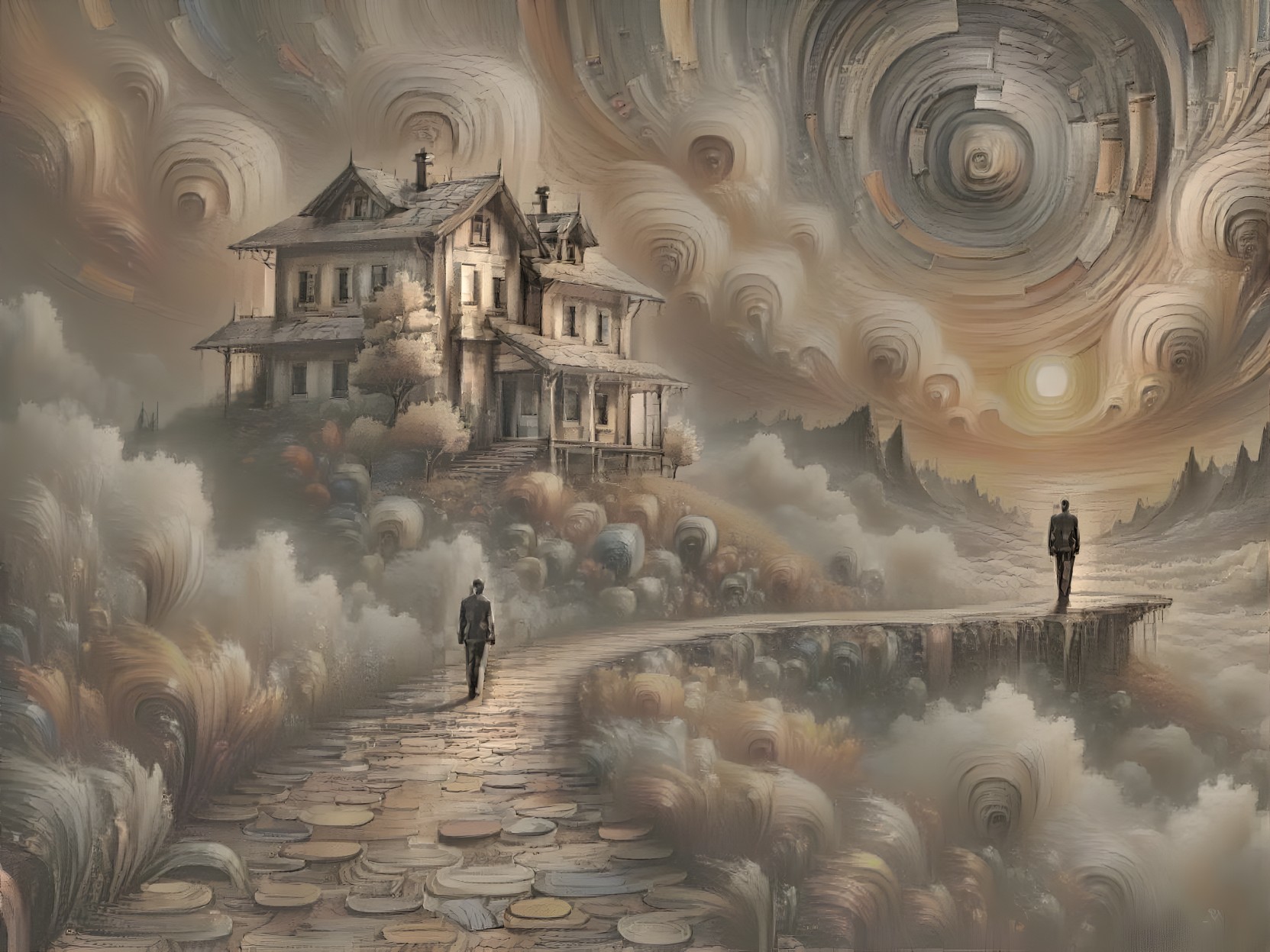 Surreal Landscape with Cobblestone Path and House
