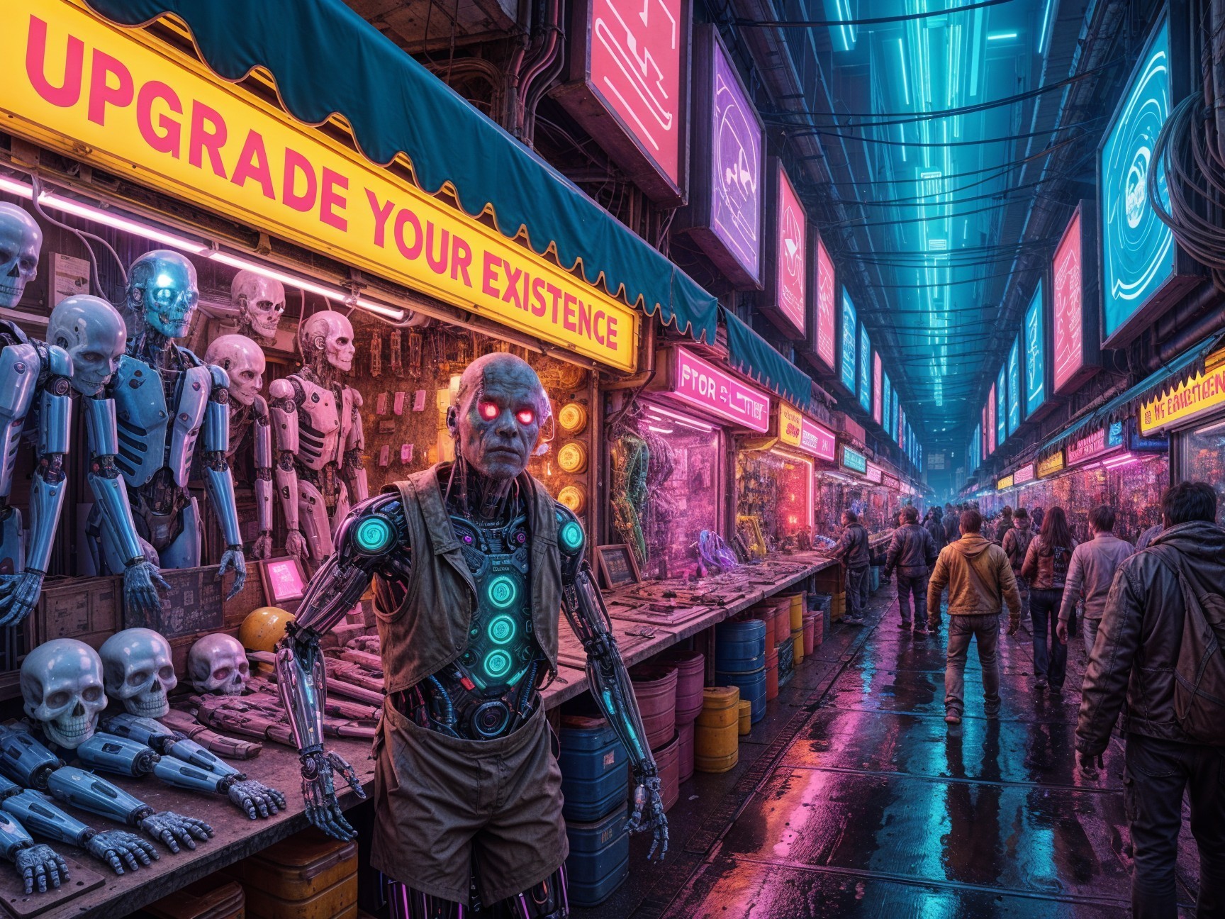 Neon-Lit Marketplace with Humanoid Robots and Stalls