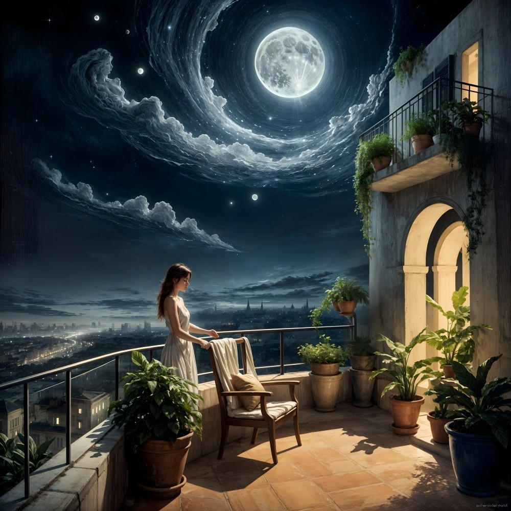 Serene Evening Scene with Woman on Balcony and Moon