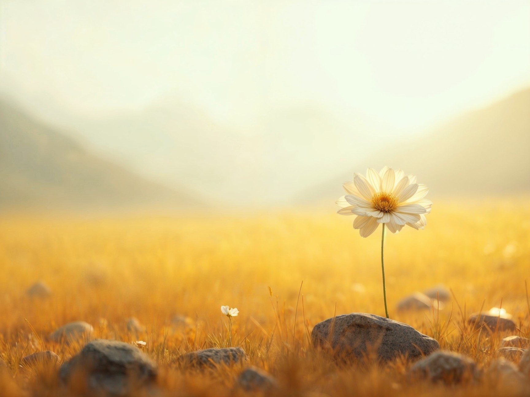 Daisy Surrounded by Golden Grass and Hazy Mountains