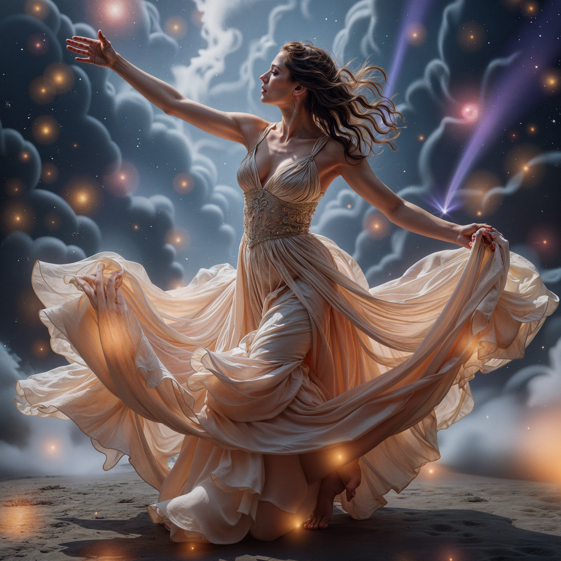 Woman in Golden Gown Dancing Among Ethereal Clouds
