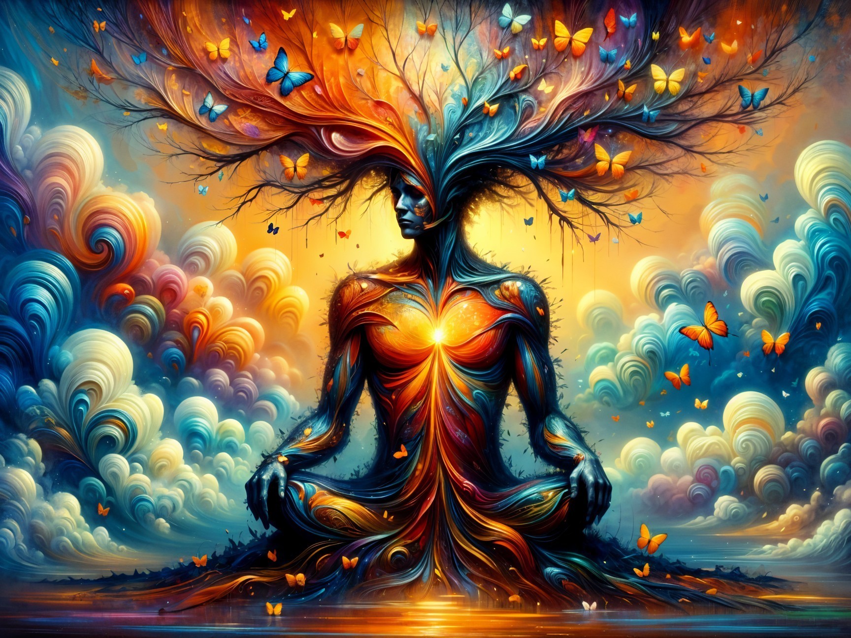 Colorful Meditative Figure with Tree and Butterflies