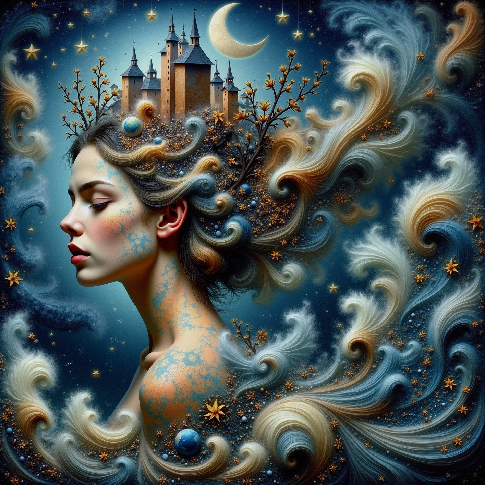 Dreamy Portrait of a Woman with Cosmic Elements