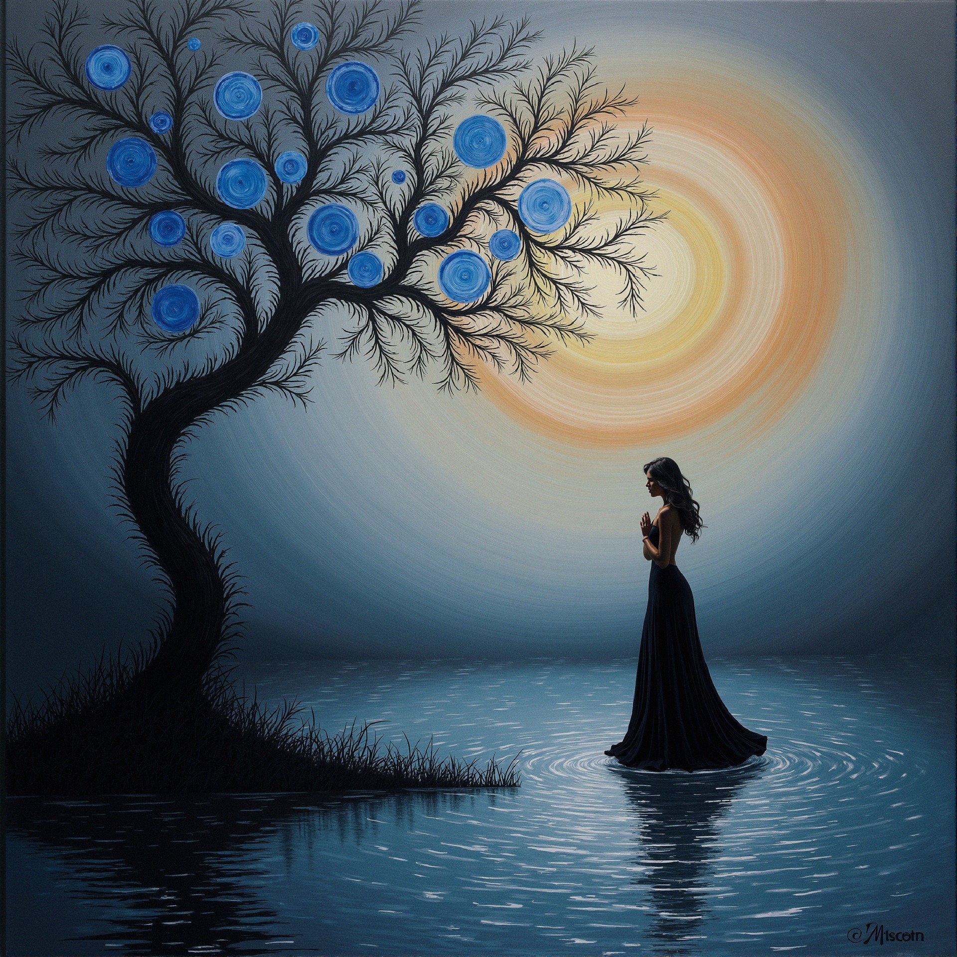 Silhouetted Woman in Tranquil Water with Blue Roses