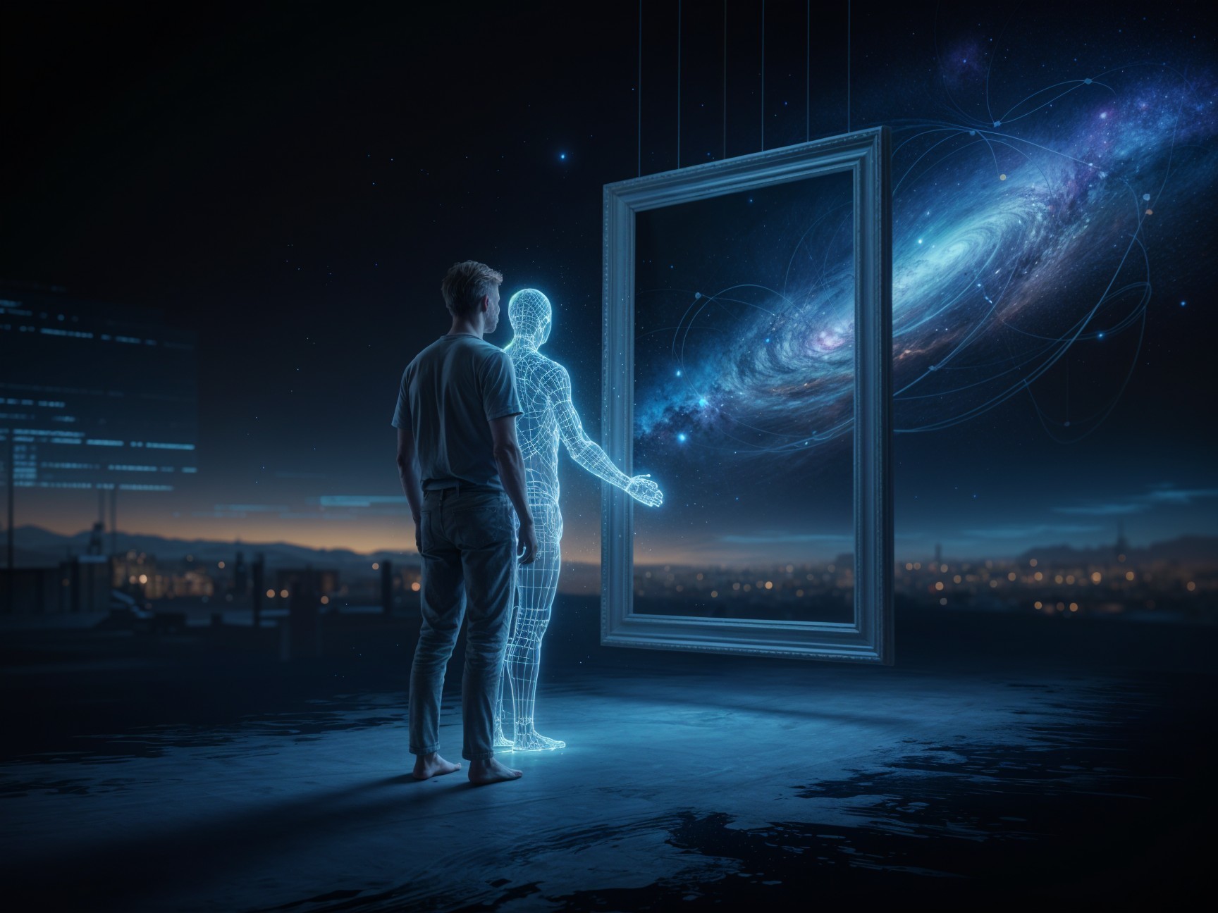 Person before a holographic figure in a galaxy scene