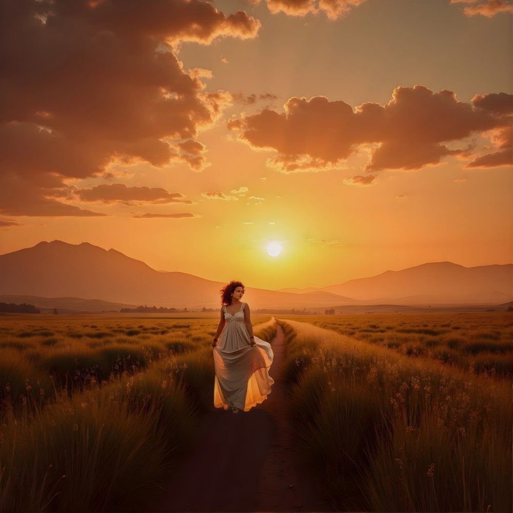 Serene sunset landscape with a woman in white dress