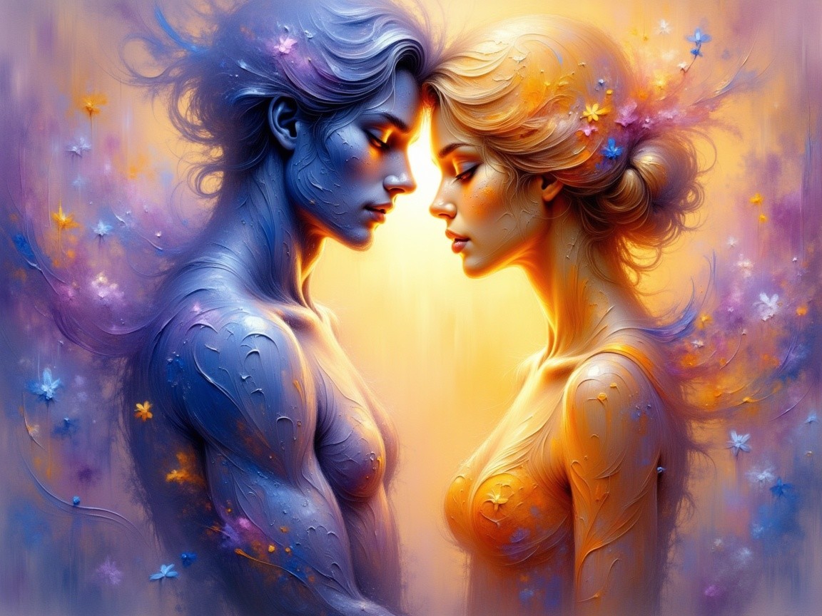 Ethereal Figures in Blue and Gold Digital Painting