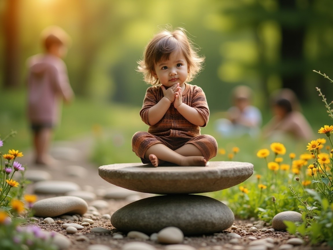 Child Sitting on Stones in a Serene Outdoor Scene