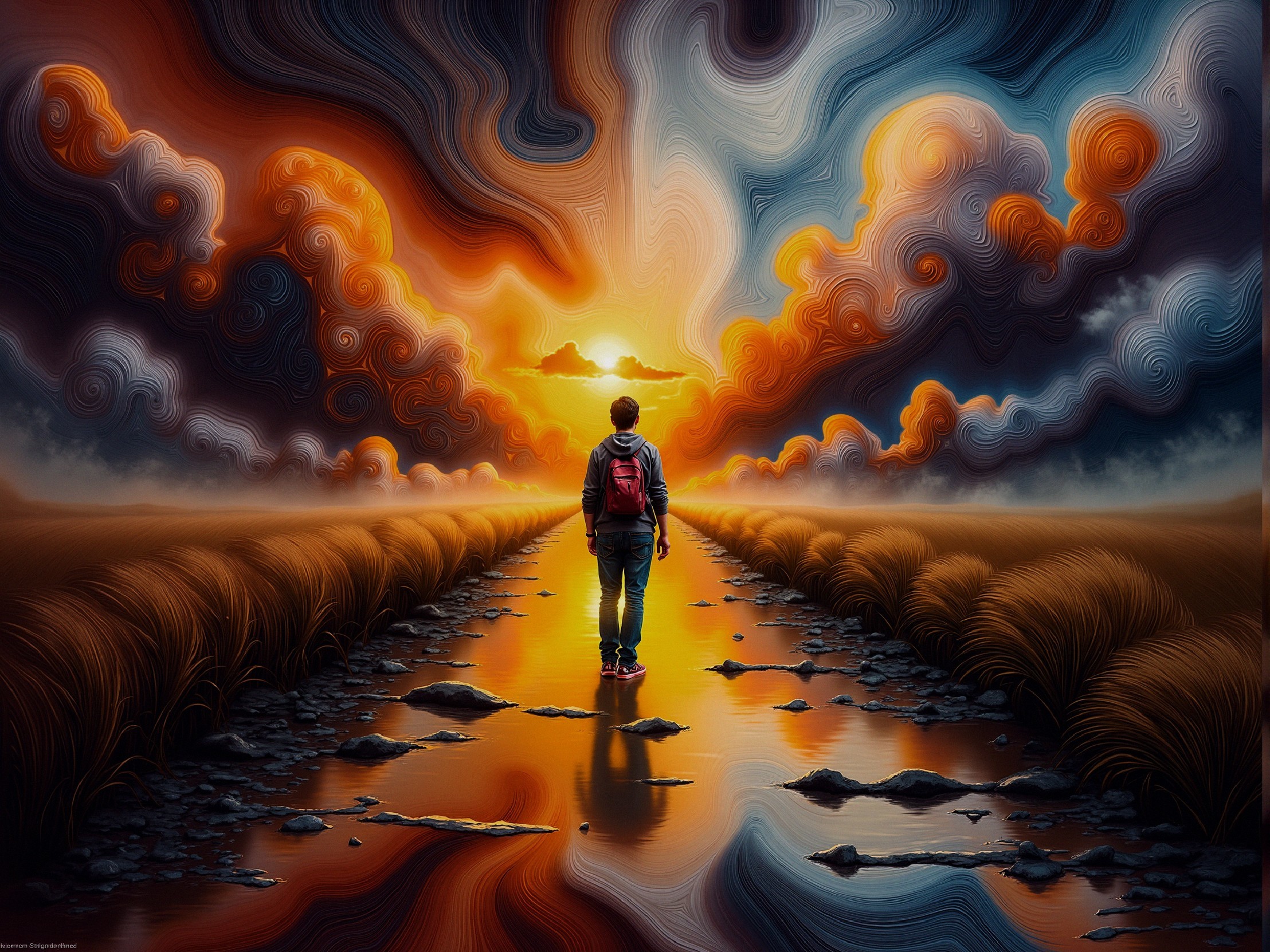 Solitary Figure on Reflective Pathway at Sunset