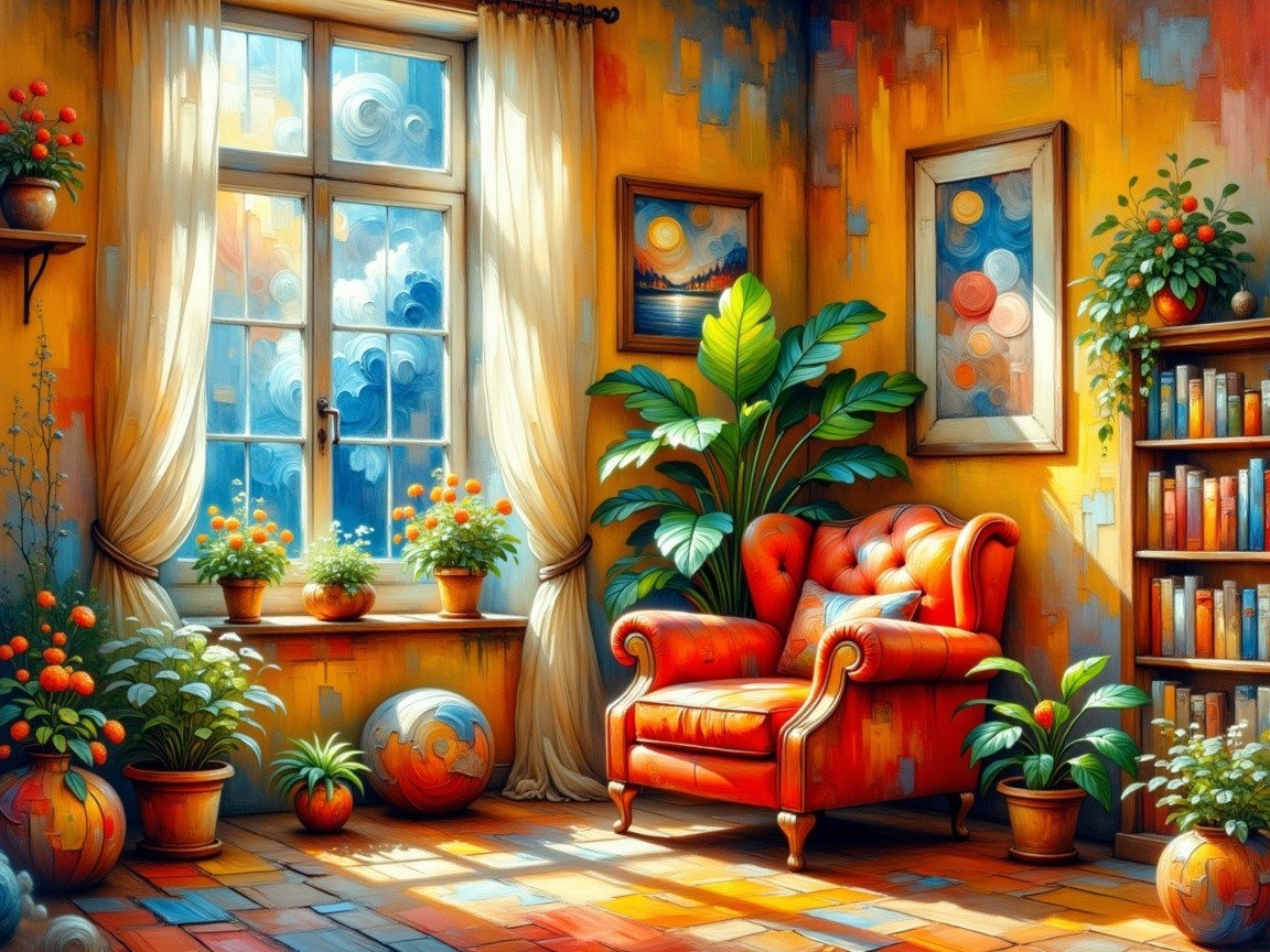Bright Room with Orange Armchair and Colorful Decor