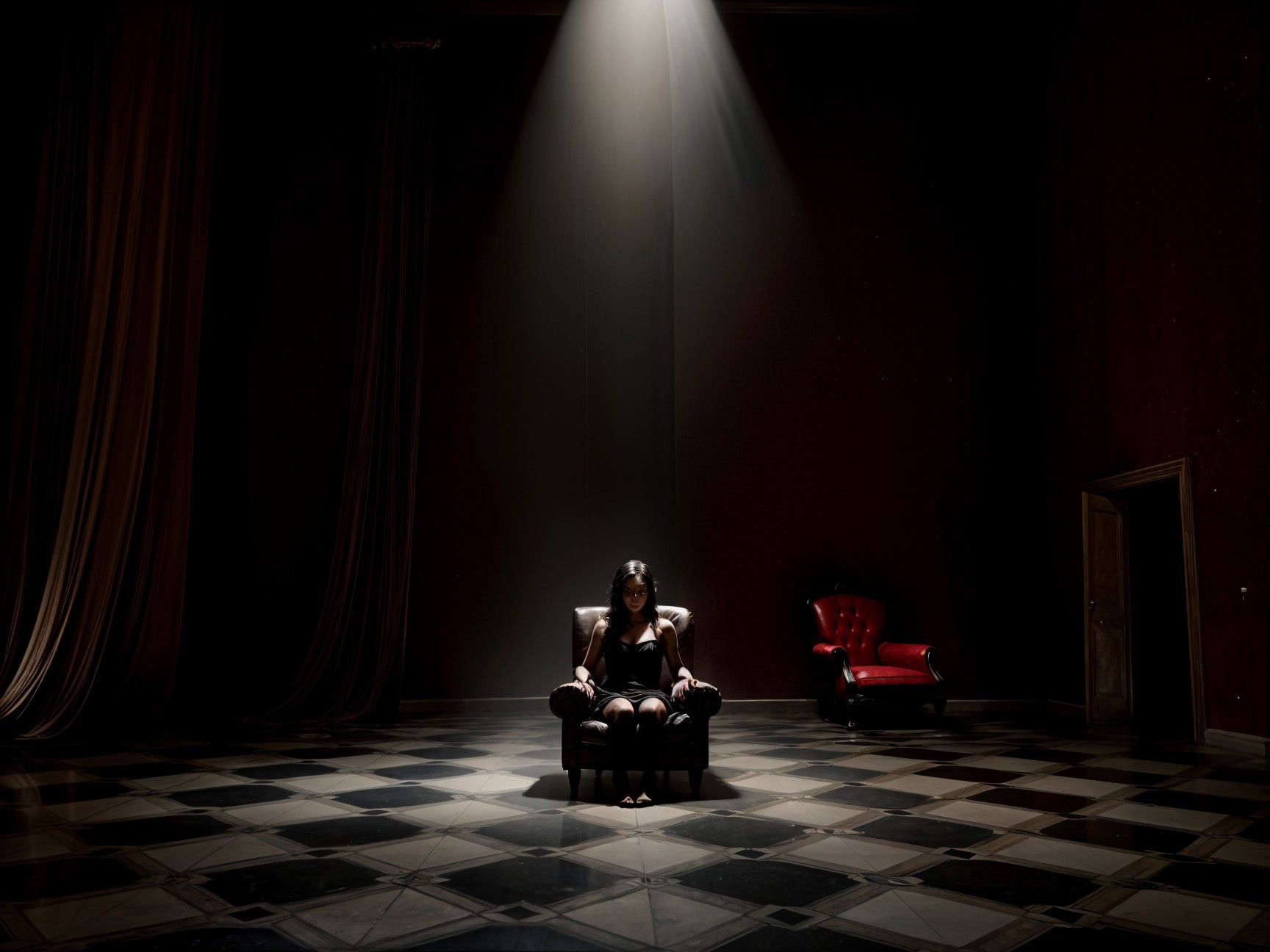 Solitary Figure in Dim Room with Geometric Floor