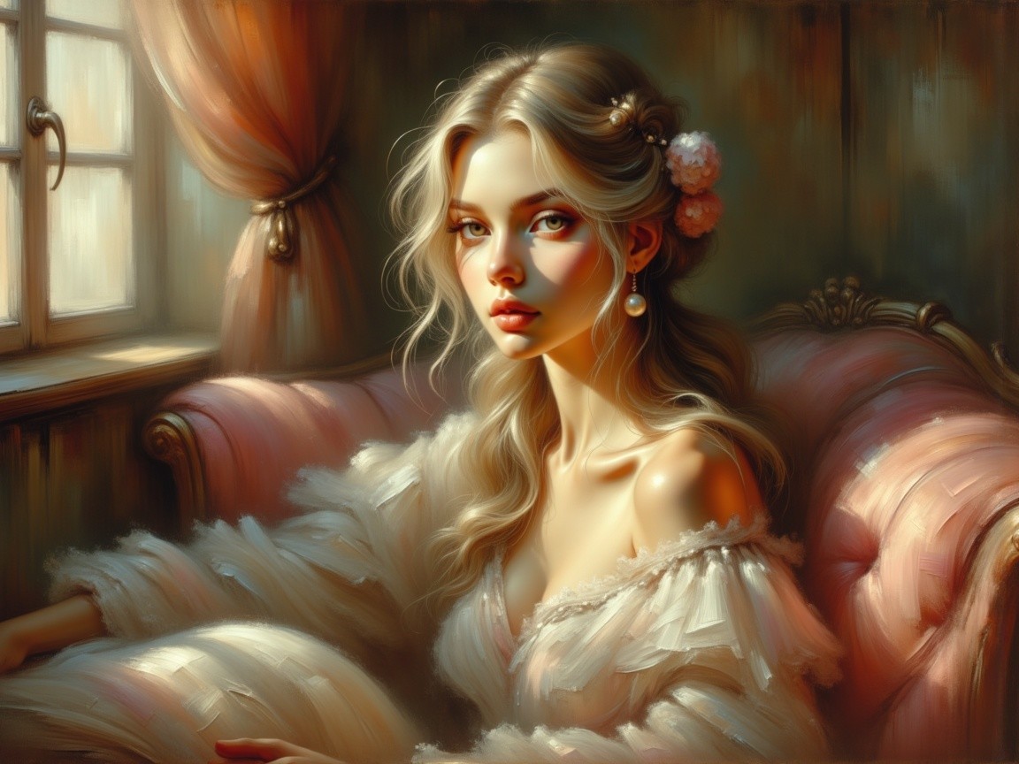 Young woman in white dress seated in elegant armchair