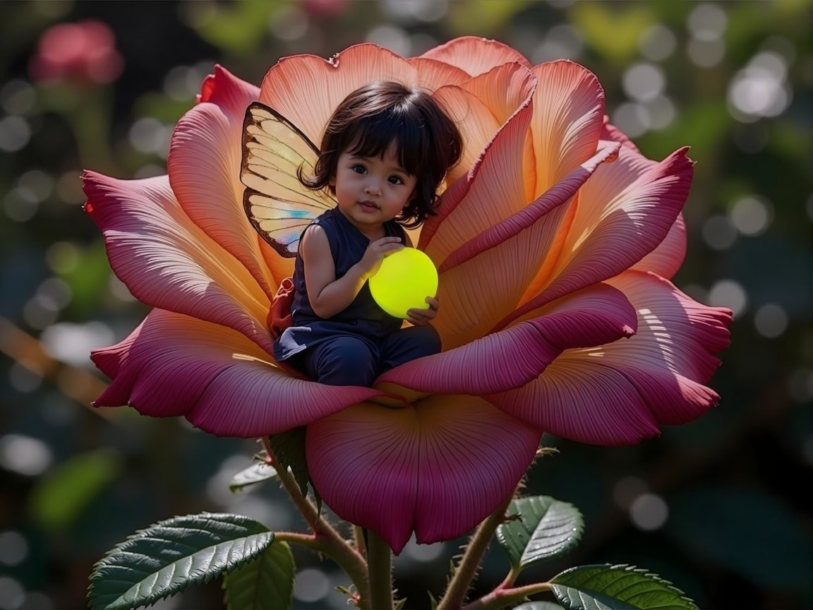 Child with Butterfly Wings in a Vibrant Rose Scene