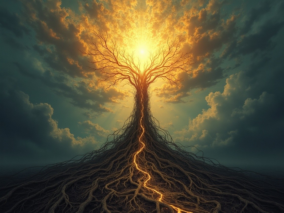 Towering tree in barren landscape with glowing sun