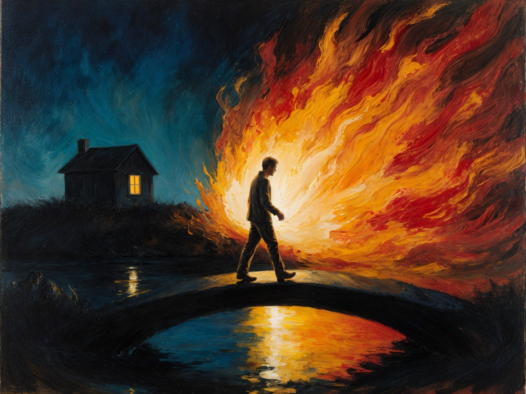 Lone Figure on Bridge Amidst Fire and Cozy House