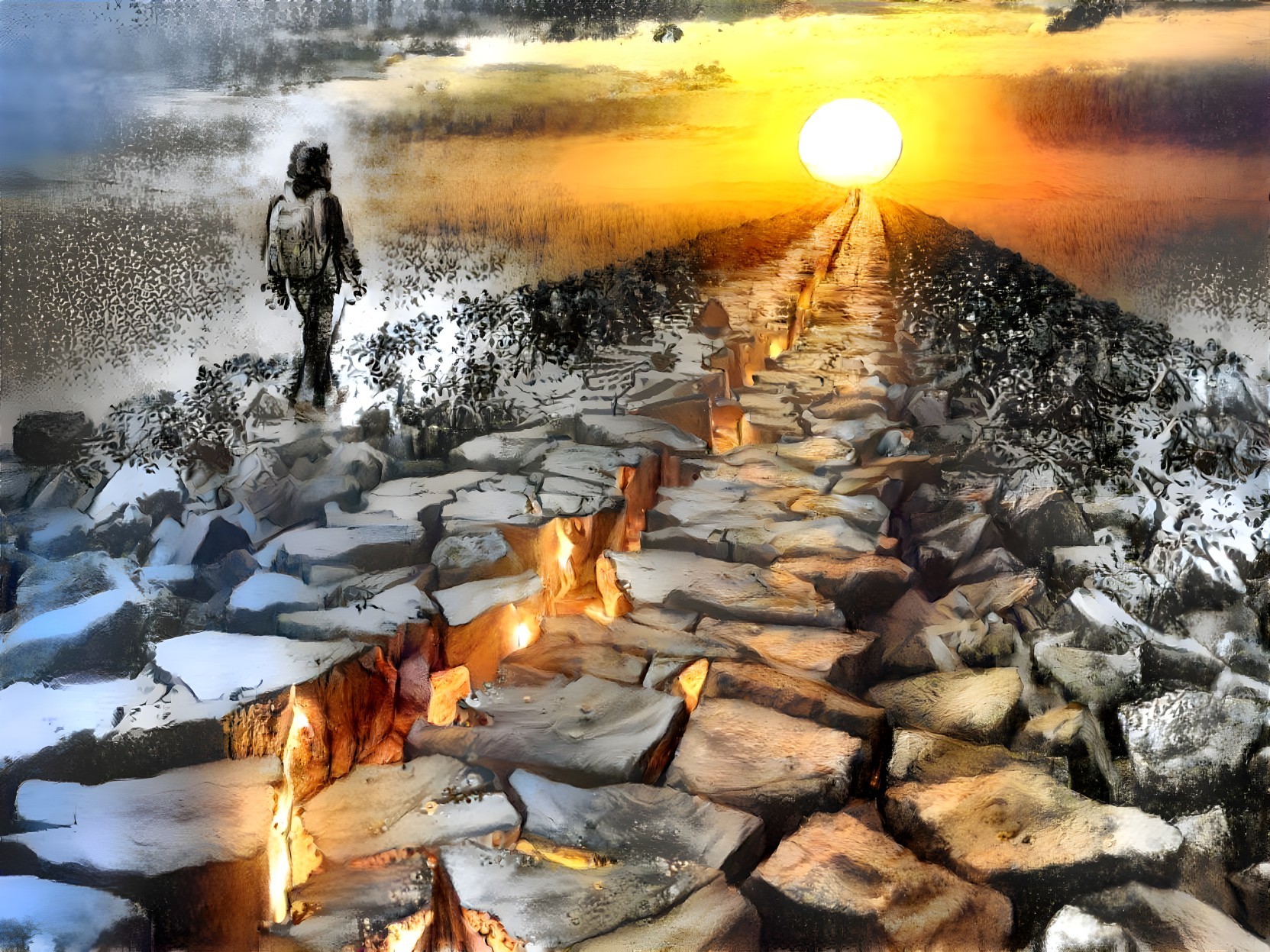 Lone Figure on Rugged Path at Sunrise Symbolizing Hope