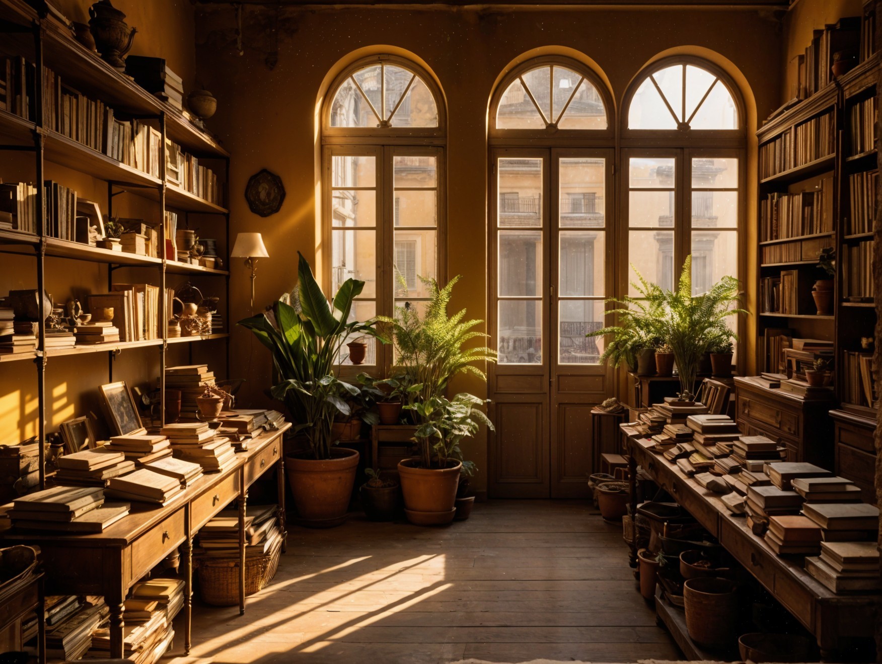 Cozy Room with Wooden Bookshelves and Sunlight