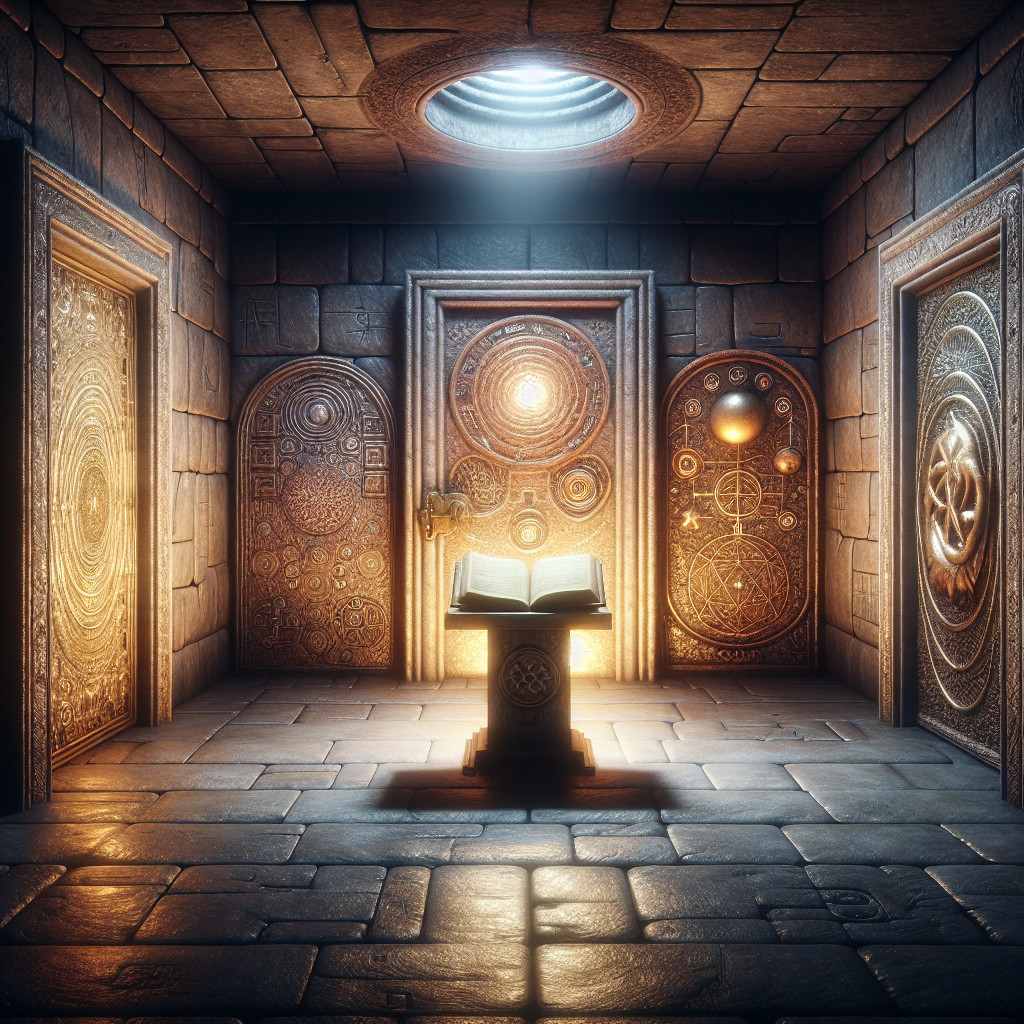 Dimly Lit Chamber with Celestial Engravings and Doors