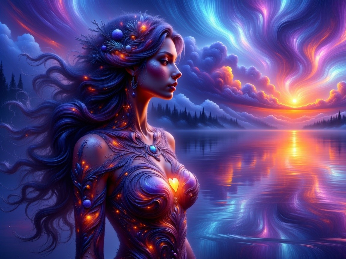 Mystical Woman by Tranquil Lake at Sunset