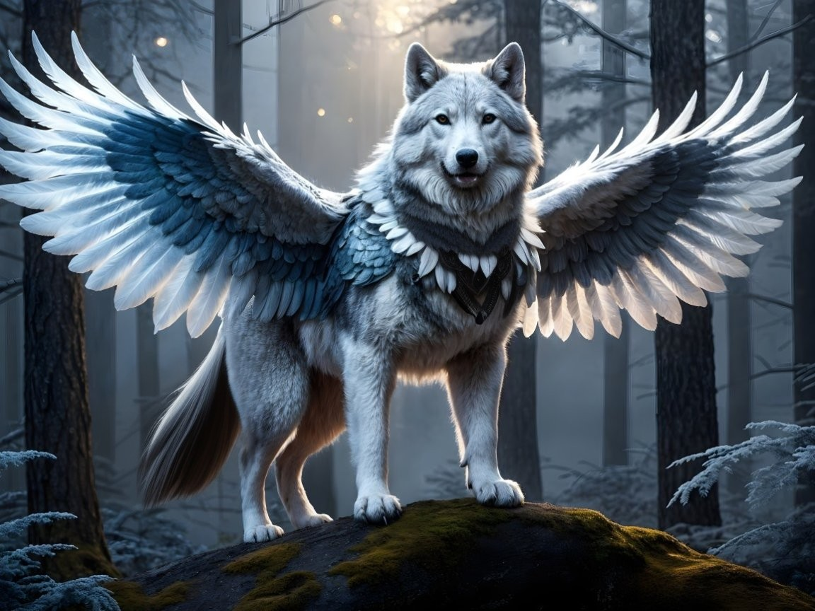 Winged Wolf on Mossy Rock in Misty Forest Scene