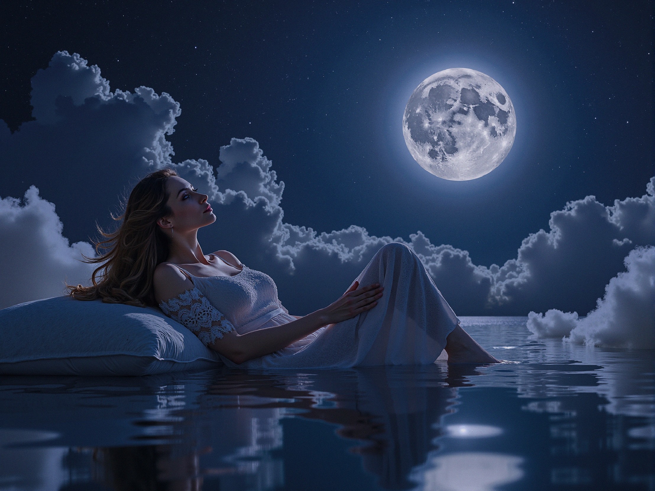 Woman in White Dress by Moonlit Waters