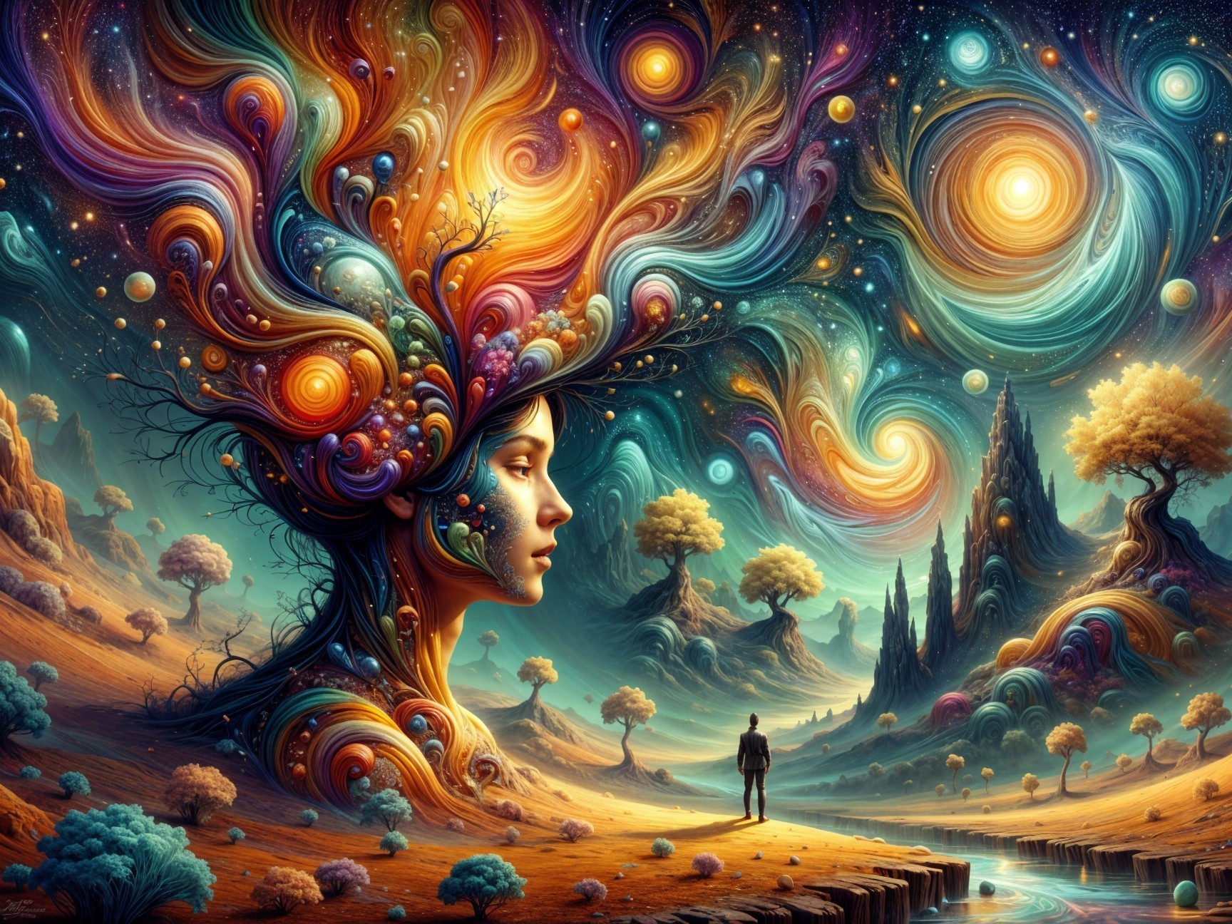 Surreal Landscape with Colossal Tree and Cosmic Elements