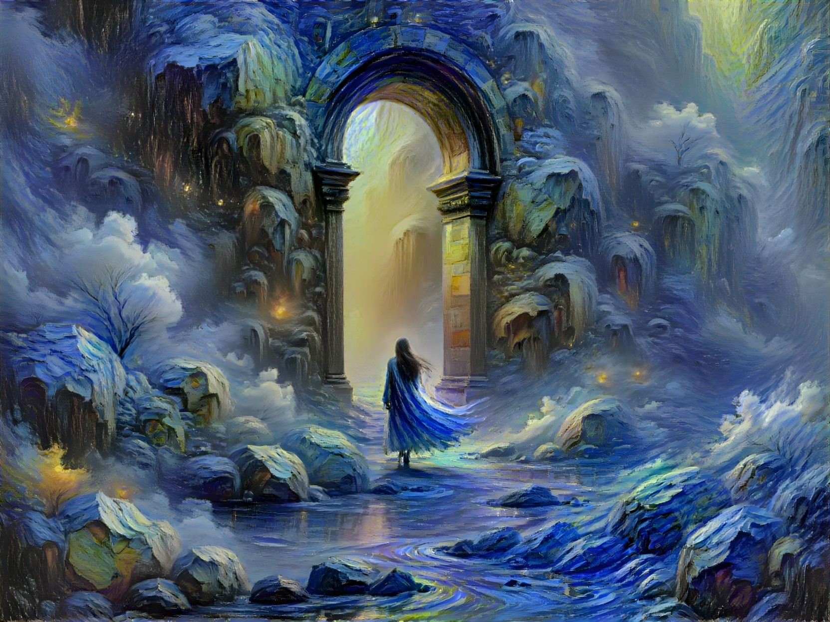 Mystical Figure by Ancient Archway in Ethereal Landscape