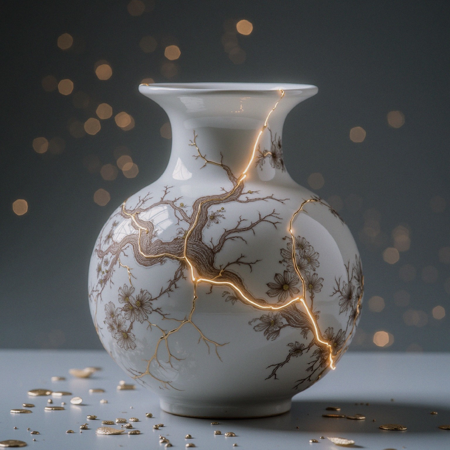 White Vase with Floral Designs and Golden Cracks