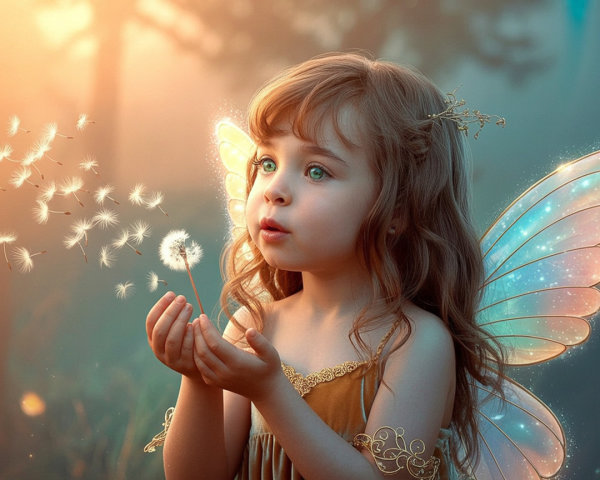 Whimsical Scene of a Girl with Fairy Wings and Dandelion