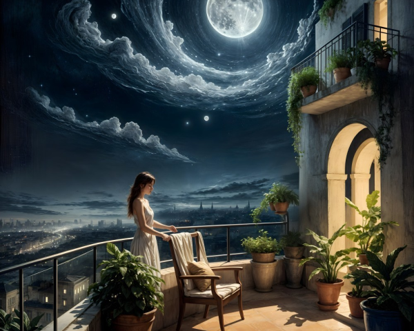 Serene Evening Scene with Woman on Balcony and Moon