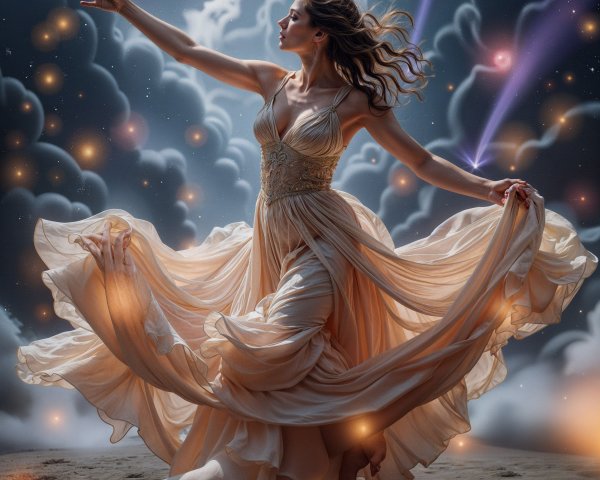 Woman in Golden Gown Dancing Among Ethereal Clouds