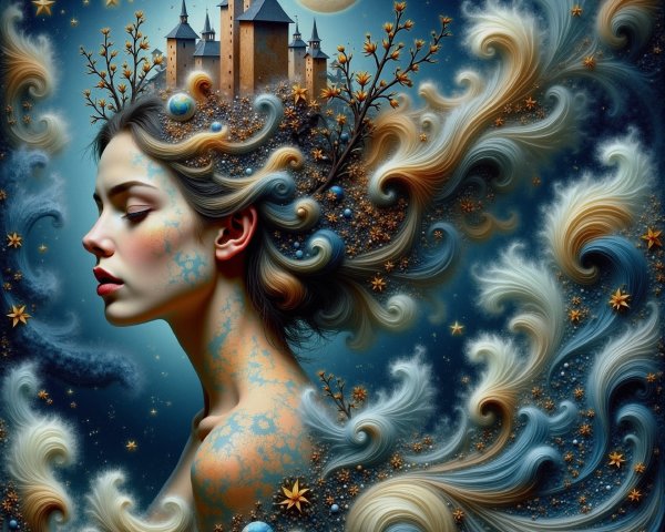 Dreamy Portrait of a Woman with Cosmic Elements