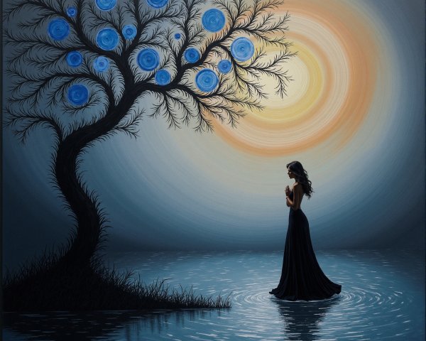 Silhouetted Woman in Tranquil Water with Blue Roses