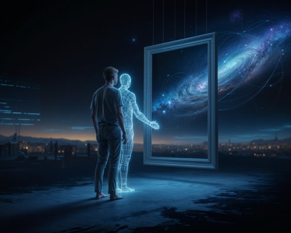 Person before a holographic figure in a galaxy scene