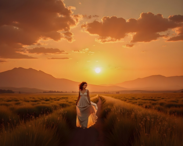 Serene sunset landscape with a woman in white dress